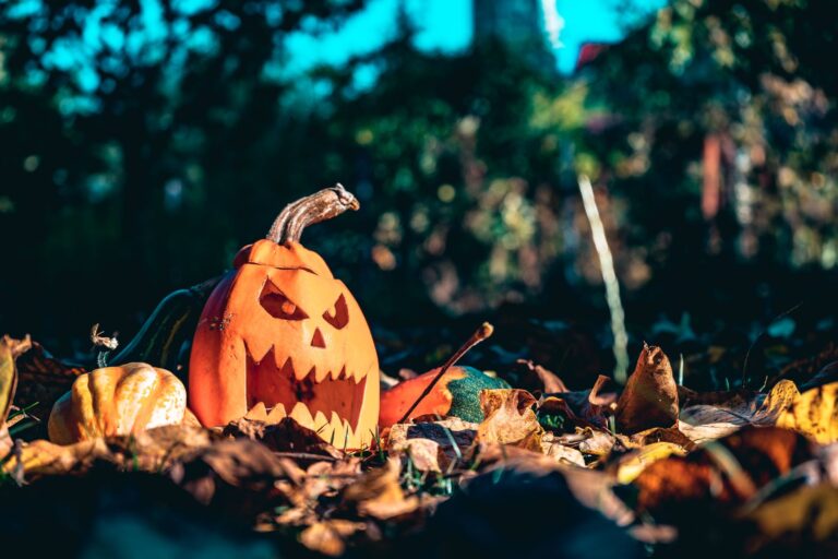 Carved jack-o'-lantern amid autumn leaves, creating a spooky Halloween atmosphere.