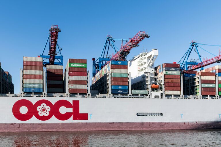 A cargo ship is loaded with containers.