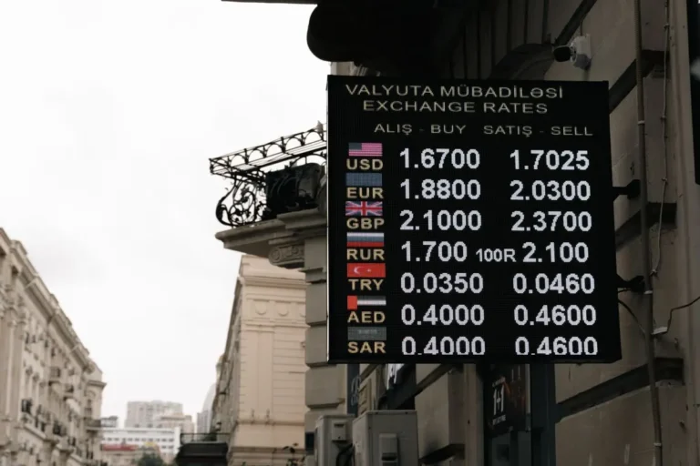 Currency exchange rates sign on a street in Baku, Azerbaijan.